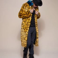 SpiritHoods LLC COLORFUL PARTY ANIMALS Yellow Cheetah Calf Length Faux Fur Coat | Men's