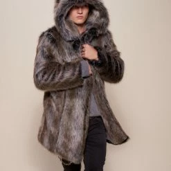 SpiritHoods LLC VIBRANT COLORS Grey Wolf Galaxy Classic Collector Edition Faux Fur Coat | Men's