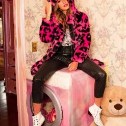 SpiritHoods LLC Neon Pink Leopard Classic Faux Fur Coat | Women's