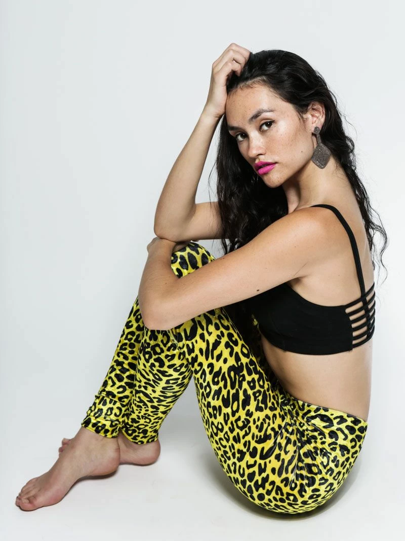 SpiritHoods LLC COLORFUL PARTY ANIMALS Neon Yellow Cheetah Velvet Leggings | Women's 4 SpiritHoods LLC COLORFUL PARTY ANIMALS Neon Yellow Cheetah Velvet Leggings | Women's