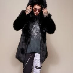SpiritHoods LLC Black Wolf Hooded Faux Fur Coat | Men's FESTIVAL