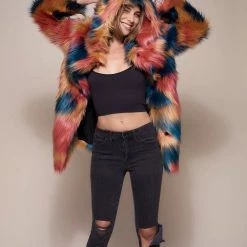 SpiritHoods LLC Hooded American Swallow Faux Fur Coat COLORFUL PARTY ANIMALS
