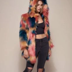 SpiritHoods LLC Hooded American Swallow Faux Fur Coat COLORFUL PARTY ANIMALS