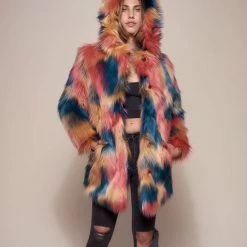 SpiritHoods LLC Hooded American Swallow Faux Fur Coat COLORFUL PARTY ANIMALS