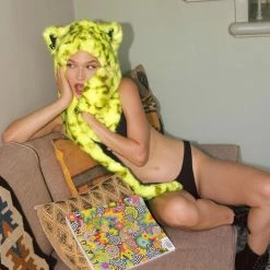 SpiritHoods LLC COLORFUL PARTY ANIMALS Neon Yellow Leopard Luxe Collector Edition Faux Fur Hood | Women's