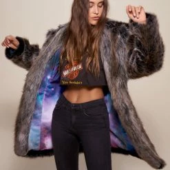 SpiritHoods LLC VIBRANT COLORS Grey Wolf Galaxy Classic Collector Edition Faux Fur Coat | Women's
