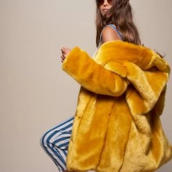 SpiritHoods LLC Golden Wolf Luxe Collared Faux Fur Coat | Women's COLORFUL PARTY ANIMALS