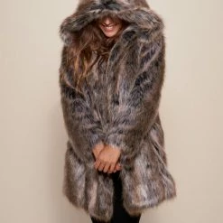 SpiritHoods LLC Grey Wolf Hooded Faux Fur Coat | Women's FESTIVAL