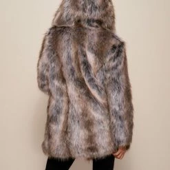 SpiritHoods LLC Grey Wolf Hooded Faux Fur Coat | Women's FESTIVAL