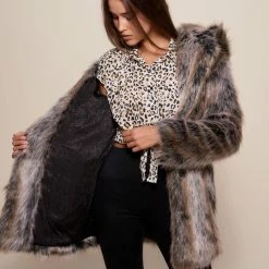 SpiritHoods LLC Grey Wolf Hooded Faux Fur Coat | Women's FESTIVAL