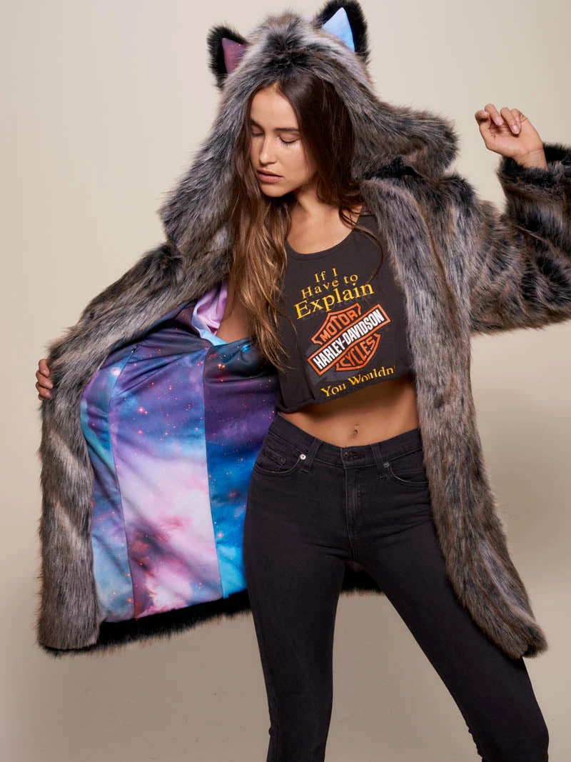 SpiritHoods LLC VIBRANT COLORS Grey Wolf Galaxy Classic Collector Edition Faux Fur Coat | Women's 5 SpiritHoods LLC VIBRANT COLORS Grey Wolf Galaxy Classic Collector Edition Faux Fur Coat | Women's
