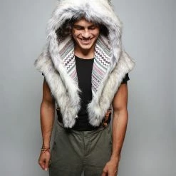 SpiritHoods LLC DAY TIME STYLE Timber Wolf Collector Faux Fur Shawl | Men's