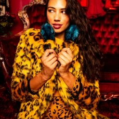 SpiritHoods LLC COLORFUL PARTY ANIMALS Yellow Cheetah Calf Length Faux Fur Coat | Women's