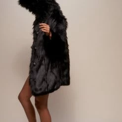 SpiritHoods LLC Black Wolf Hooded Faux Fur Coat | Women's FESTIVAL