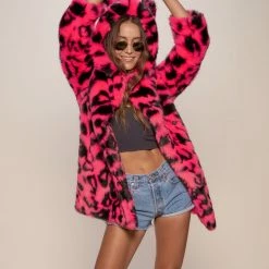 SpiritHoods LLC Neon Pink Leopard Classic Faux Fur Coat | Women's