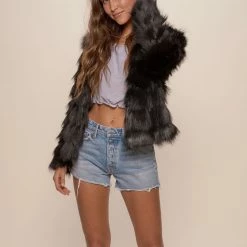 SpiritHoods LLC Black Tundra Fox Faux Fur Bomber Jacket | Women's