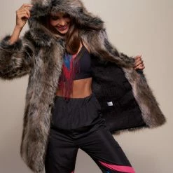 SpiritHoods LLC Grey Wolf Hooded Faux Fur Coat | Women's FESTIVAL