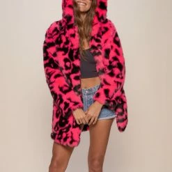 SpiritHoods LLC Neon Pink Leopard Classic Faux Fur Coat | Women's