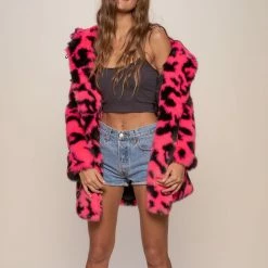 SpiritHoods LLC Neon Pink Leopard Classic Faux Fur Coat | Women's