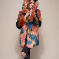SpiritHoods LLC Hooded American Swallow Faux Fur Coat COLORFUL PARTY ANIMALS