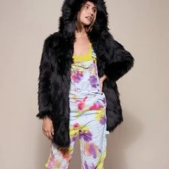 SpiritHoods LLC Black Wolf Hooded Faux Fur Coat | Women's FESTIVAL