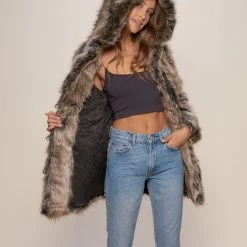 SpiritHoods LLC Grey Wolf Hooded Faux Fur Coat | Women's FESTIVAL
