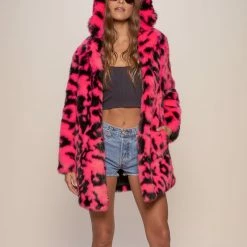 SpiritHoods LLC Neon Pink Leopard Classic Faux Fur Coat | Women's