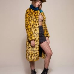 SpiritHoods LLC COLORFUL PARTY ANIMALS Yellow Cheetah Calf Length Faux Fur Coat | Women's