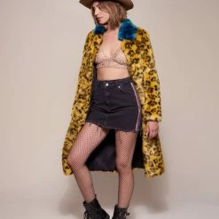 SpiritHoods LLC COLORFUL PARTY ANIMALS Yellow Cheetah Calf Length Faux Fur Coat | Women's
