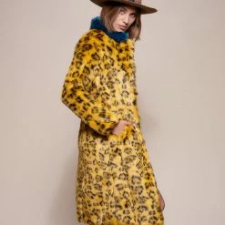 SpiritHoods LLC COLORFUL PARTY ANIMALS Yellow Cheetah Calf Length Faux Fur Coat | Women's