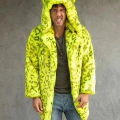 SpiritHoods LLC COLORFUL PARTY ANIMALS Neon Yellow Leopard Luxe Classic Faux Fur Coat | Men's