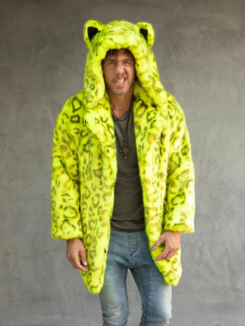 SpiritHoods LLC COLORFUL PARTY ANIMALS Neon Yellow Leopard Luxe Classic Faux Fur Coat | Men's 1 SpiritHoods LLC COLORFUL PARTY ANIMALS Neon Yellow Leopard Luxe Classic Faux Fur Coat | Men's