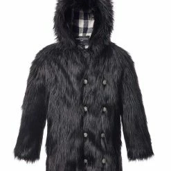 SpiritHoods LLC FESTIVAL SALE Black Wolf Plaid Hooded Faux Fur Coat | Men's