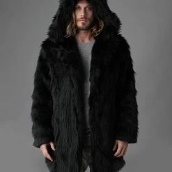 SpiritHoods LLC Black Wolf Hooded Faux Fur Coat | Men's FESTIVAL